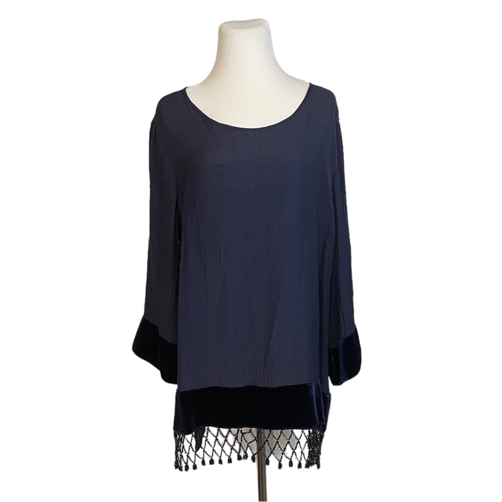 Krazy Kat L Navy Poly-Rayon Gauze Velvet Beaded Formal Tunic Top 3/4 Bell Sleeve